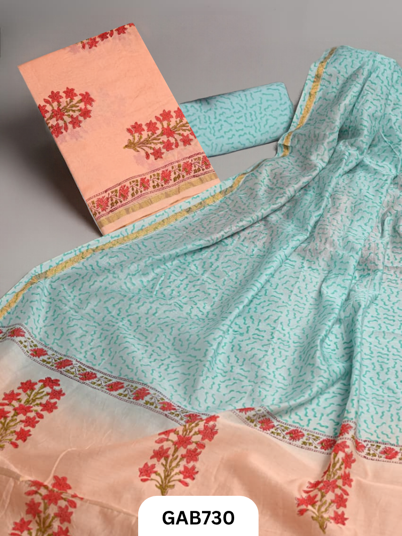 Hand Block Chanderi Silk Dress Materials Top 2.5 Mtrs Duptta 2.5 Mtrs