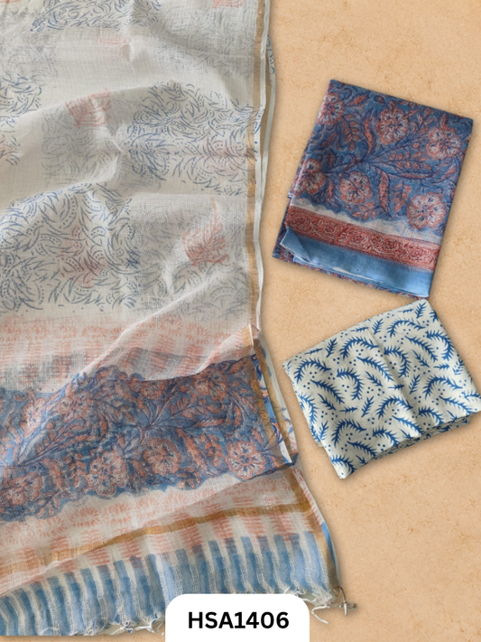 Hand block printed kota doriya suit top &duppta 2.5 meter