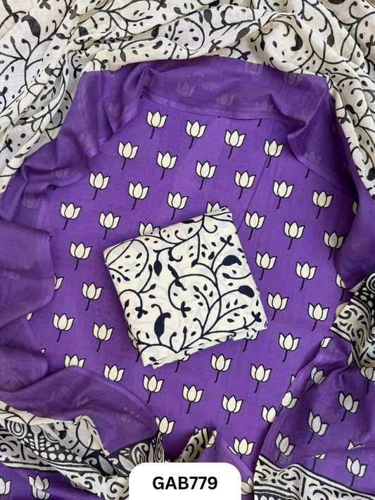 Handblock Cotton Suits With Mulmul Cotton Dupatta | Top 2.5 Mtr Dupatta 2.5 Mtr