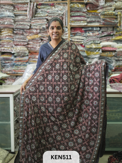 MODAL NATURAL AJRAKH HANDBLOCK SAREE WITH GLUE MIRROR