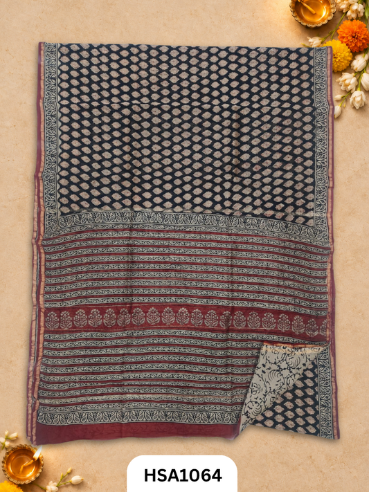 Pure Hand Block Printed Chanderi Silk Saree With Printed Blouse