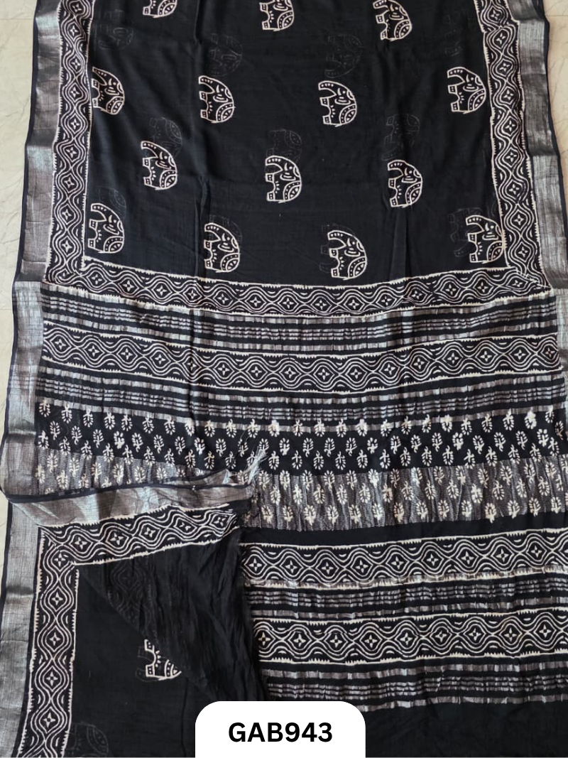Bagru Handblock Print Linen Saree With Attached Blouse