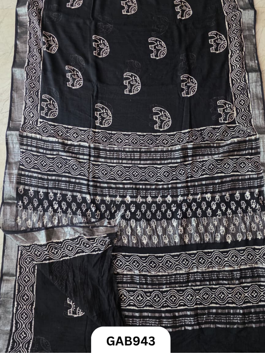 Bagru Handblock Print Linen Saree With Attached Blouse