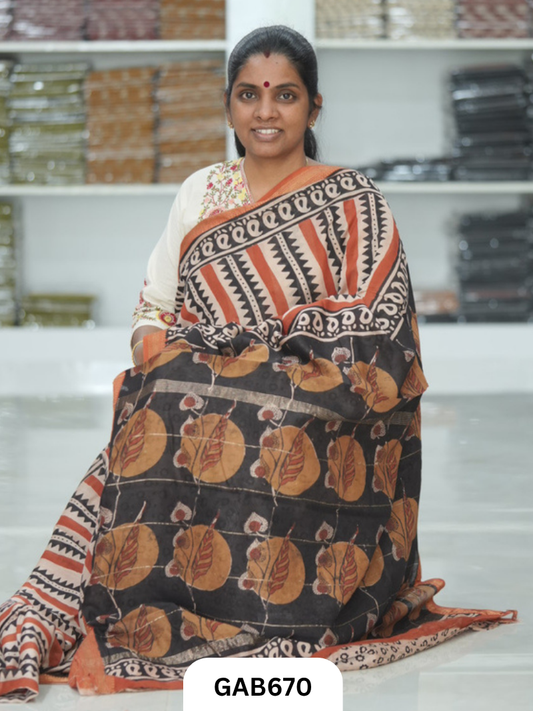 Hand Block Printed Maheshwari Silk Saree