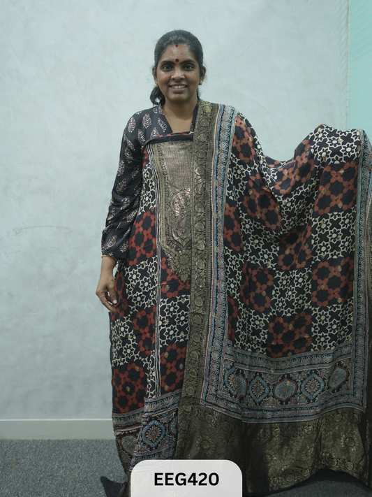AJRAKH DOLA SILK 2 PCS-UNSTITCHED ( TOP 3.5MTR AND DUPPATA 2.25MTR ) - IMMEDIEATE DISPATCH