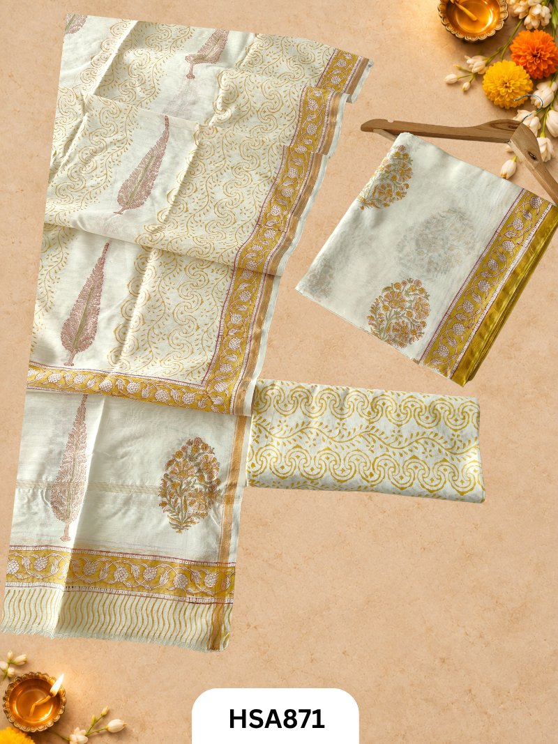 HandBlock Printed Chanderi Silk Cotton Suits -Top 2.5M Duptta 2.5M