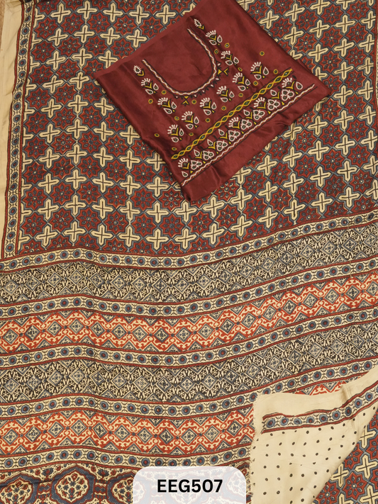 AJRAKH MODAL SAREE WITH KUTCHI HANDWORK BLOUSE PIECE EXTRA