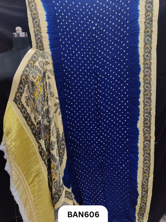 Semi Gaji ts kalamkari digital print pallu, blouse and border with bandhej saree