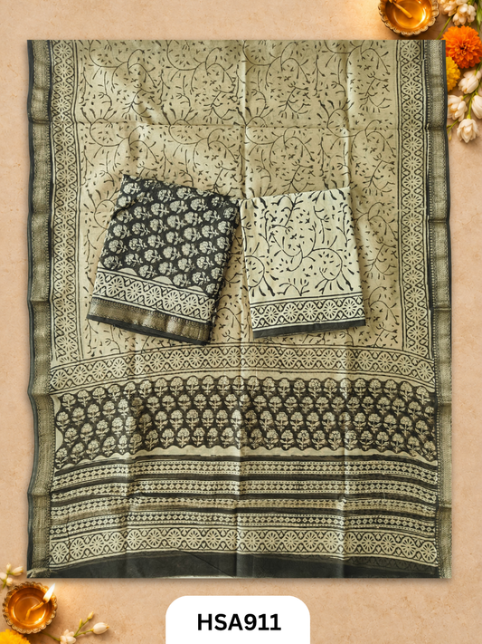 HandBlock Printed Maheshwari Silk Zari Border Top & dupttas 2.5 Mtrs | Bottom cotton 2.50 mtrs