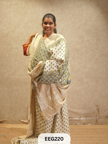 AJRAKH DOLA SILK SAREE WITH MIRROR WORK - IMMEDIATE DISPATCH