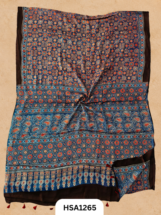 Natural Dye Vegetable Hand Block Print Ajrakh Print Pure Modal Silk Saree