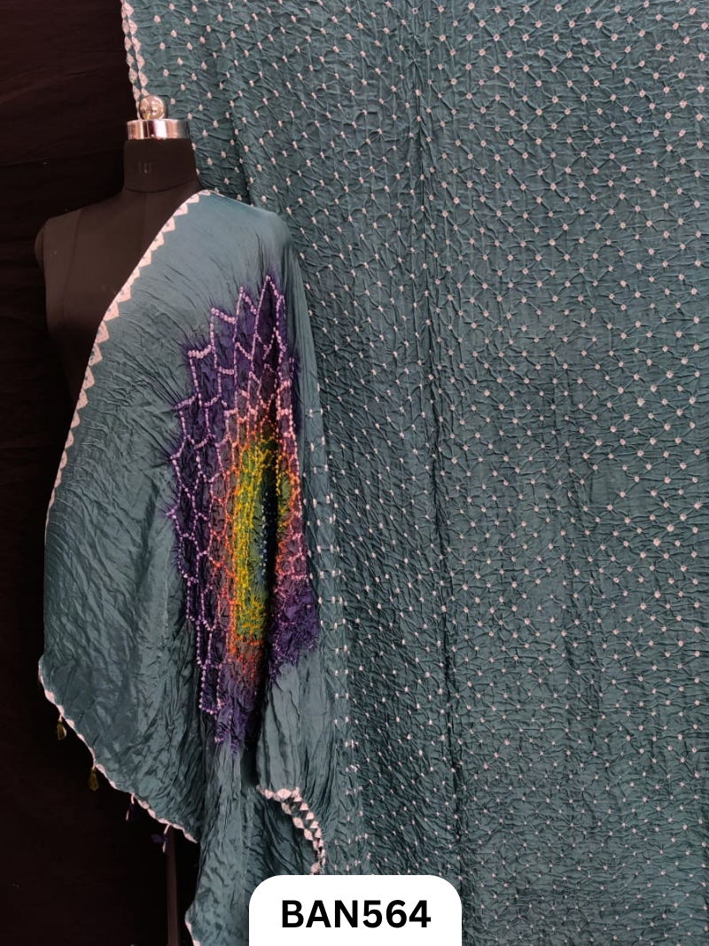 Semi Gaji Silk Multicolor Gul Pallu Bandhej Saree With Hand Tussels