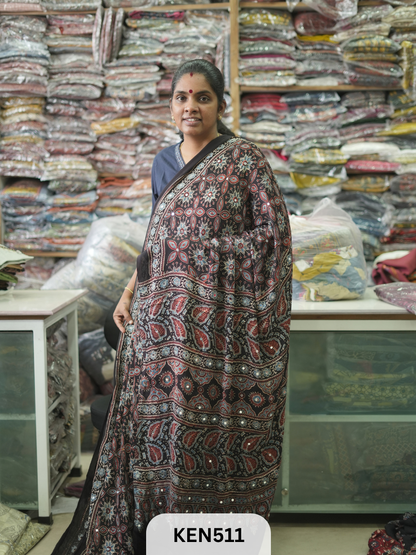MODAL NATURAL AJRAKH HANDBLOCK SAREE WITH GLUE MIRROR