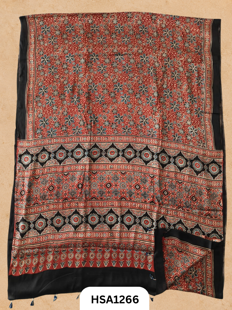Natural Dye Vegetable Hand Block Print Ajrakh Print Pure Modal Silk Saree