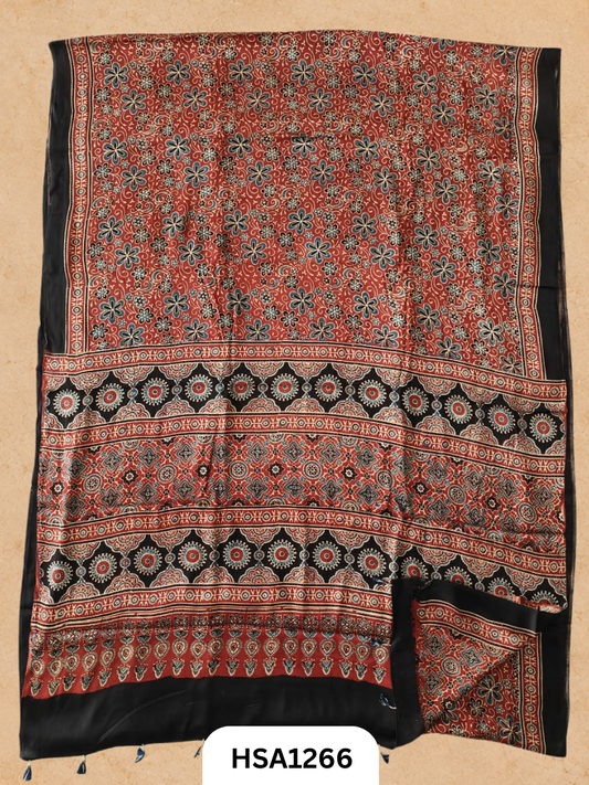 Natural Dye Vegetable Hand Block Print Ajrakh Print Pure Modal Silk Saree