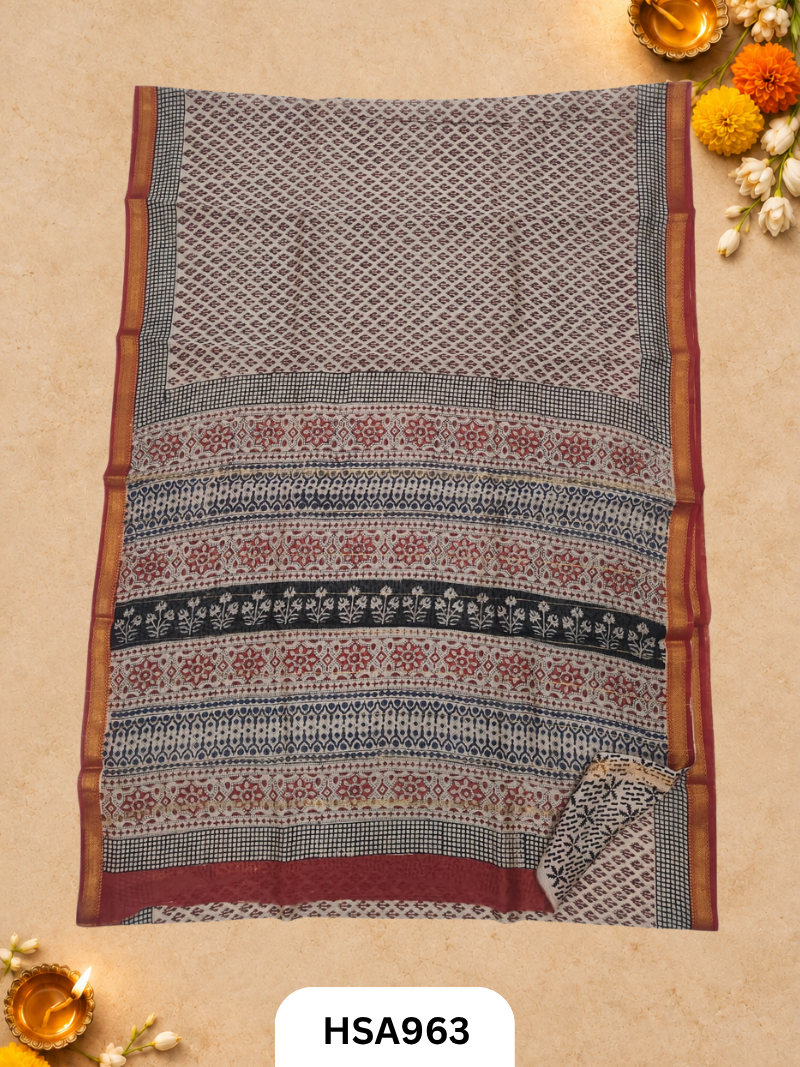 Pure Maheswari Silk Cotton - Handblock Print Saree With Blouse