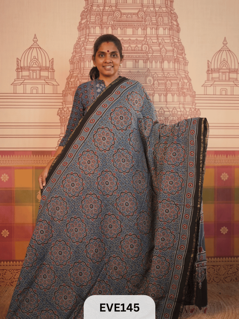 PURE CHANDERI SILK AJRAKH HANDBLOCK SAREE