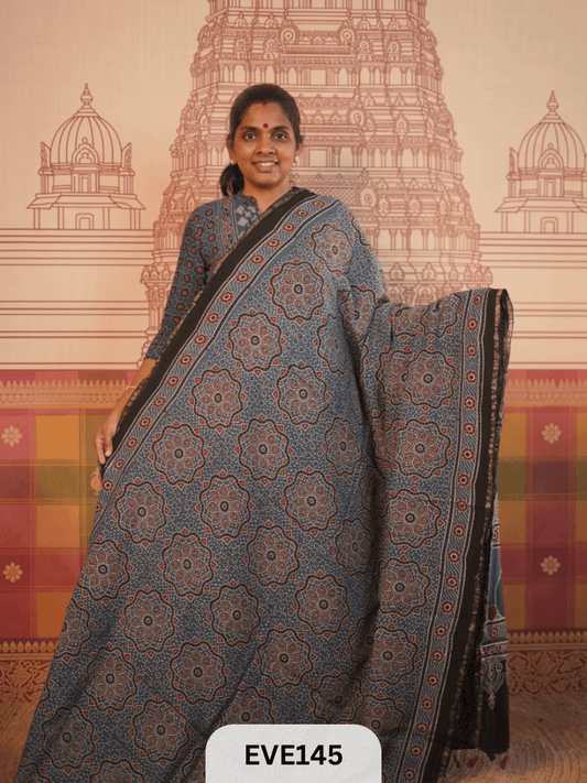 PURE CHANDERI SILK AJRAKH HANDBLOCK SAREE