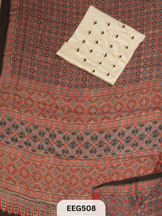 AJRAKH MODAL SAREE WITH KUTCHI HANDWORK BLOUSE PIECE EXTRA