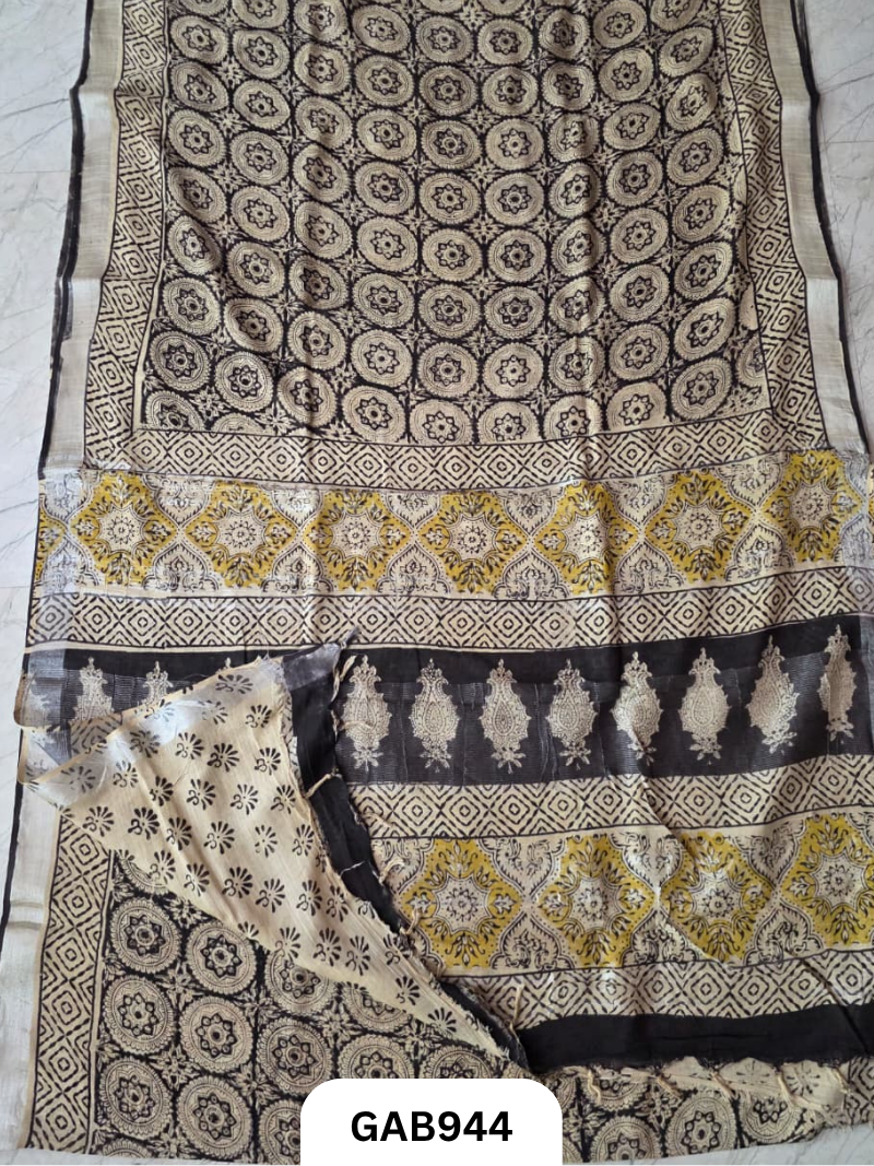 Bagru Handblock Print Linen Saree With Attached Blouse