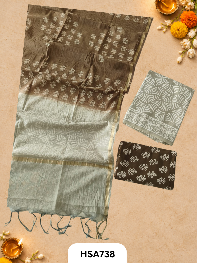 HandBlock Printed Chanderi Silk Dupatta With Cotton Suits -Top 2.5M Duptta 2.5M