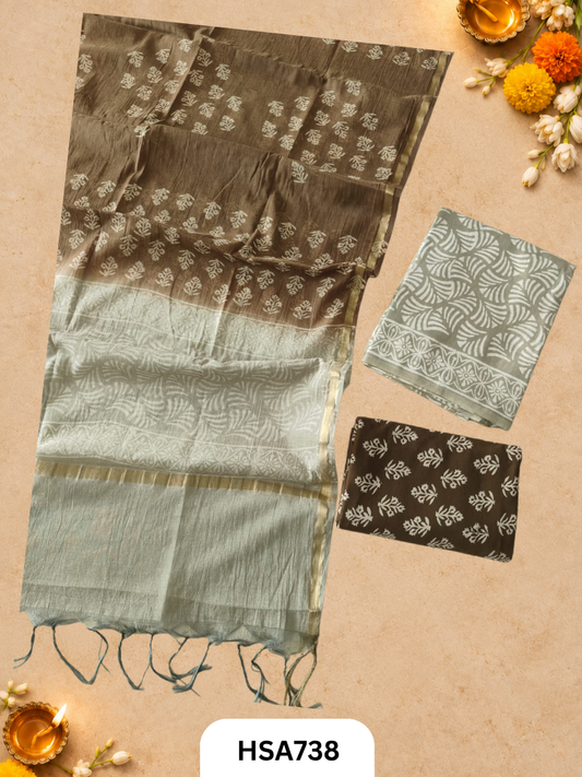 HandBlock Printed Chanderi Silk Dupatta With Cotton Suits -Top 2.5M Duptta 2.5M