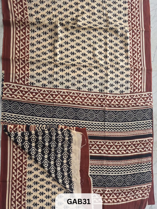 BAGRU PRINT COTTON MULMUL SAREES WITH BLOUSE-SAREE 5.5M +BLOUSE 1M