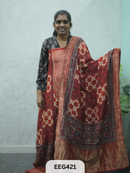 AJRAKH DOLA SILK 2 PCS-UNSTITCHED ( TOP 3.5MTR AND DUPPATA 2.25MTR ) - IMMEDIEATE DISPATCH