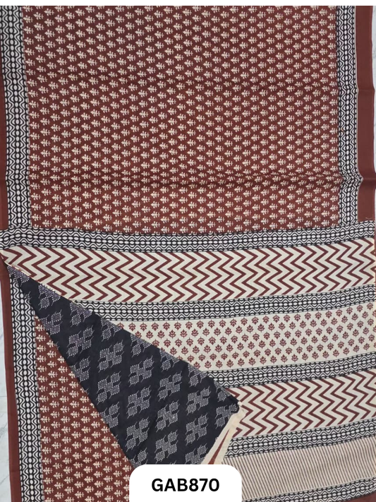 Bagru Block Print Cotton Mulmul Sarees With Running Blouse