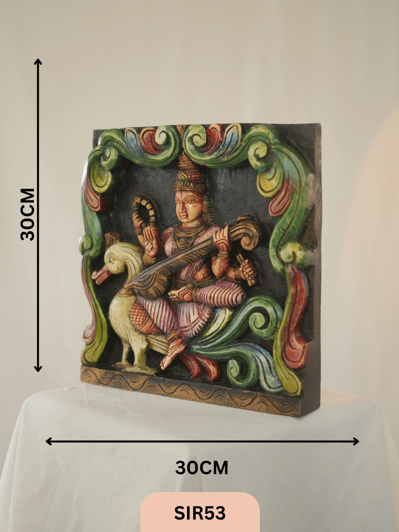 WOODEN GODDESS SARASWATHI STATUE - Height 12" INCH, WIDTH 12"INCH