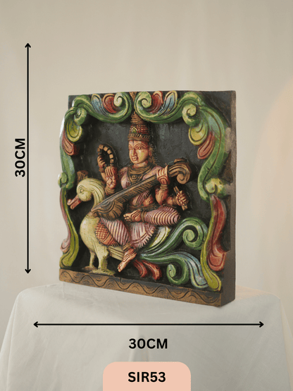 WOODEN GODDESS SARASWATHI STATUE - Height 12" INCH, WIDTH 12"INCH
