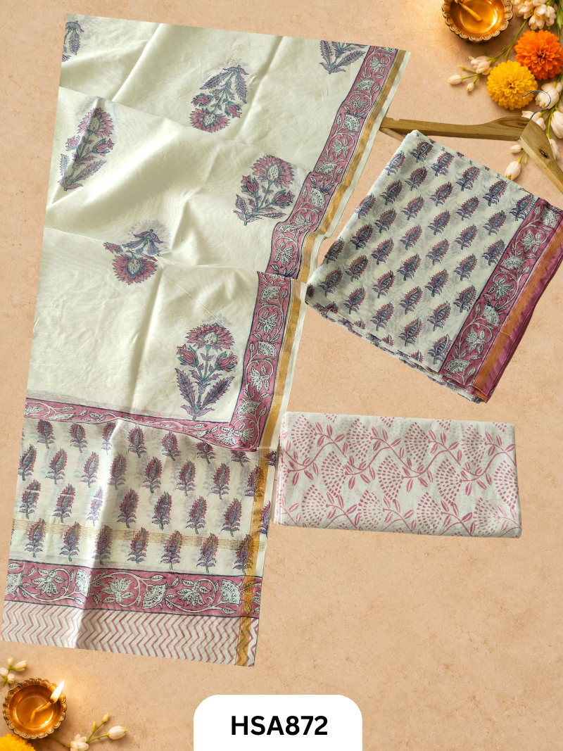 HandBlock Printed Chanderi Silk Cotton Suits -Top 2.5M Duptta 2.5M