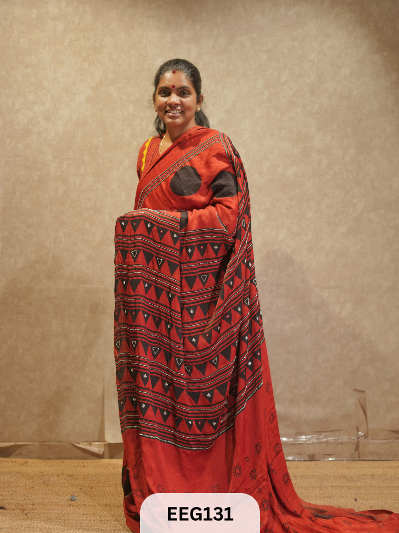 AJRAKH MODAL SAREE WITH KHATLI HANDWORK