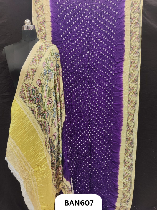 Semi Gaji ts kalamkari digital print pallu, blouse and border with bandhej saree