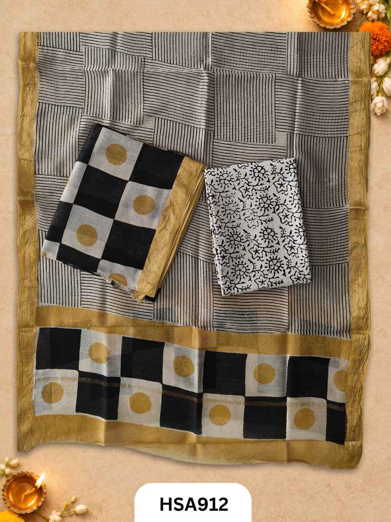 HandBlock Printed Maheshwari Silk Zari Border Top & dupttas 2.5 Mtrs | Bottom cotton 2.50 mtrs