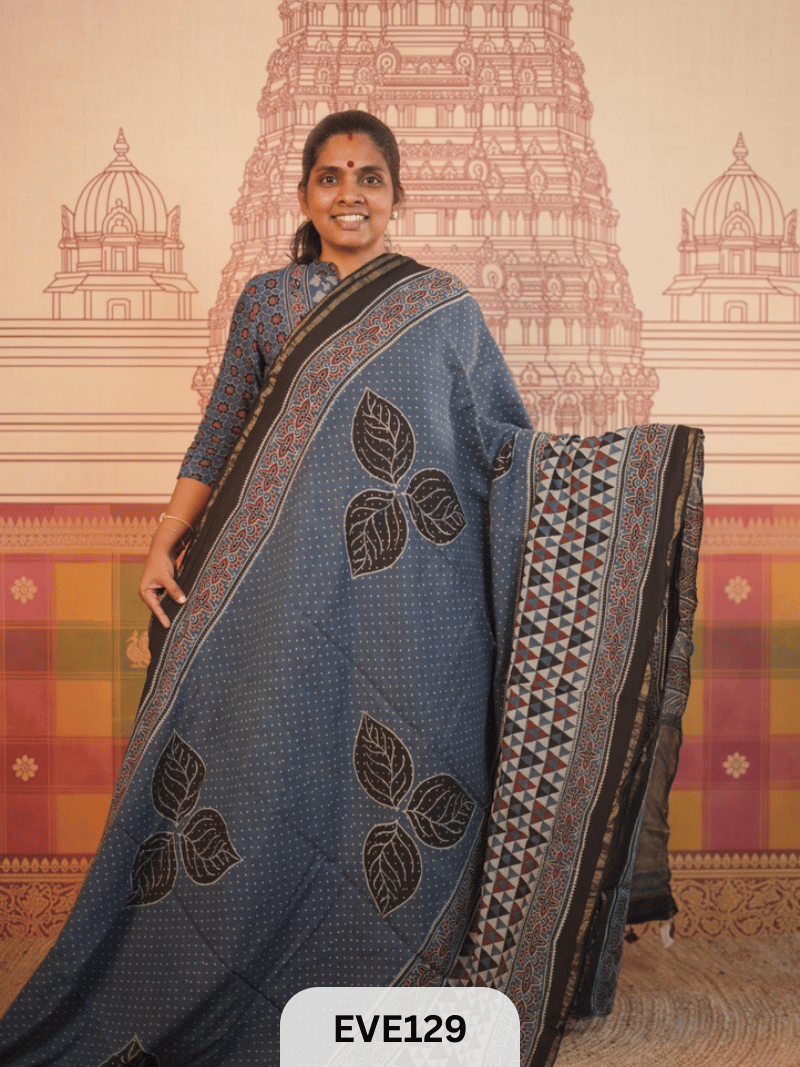 PURE CHANDERI SILK AJRAKH HANDBLOCK SAREE