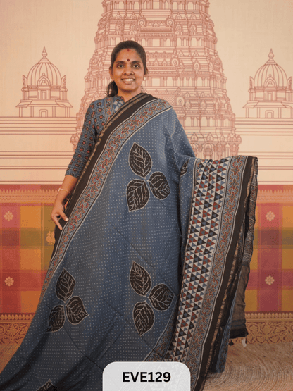 PURE CHANDERI SILK AJRAKH HANDBLOCK SAREE