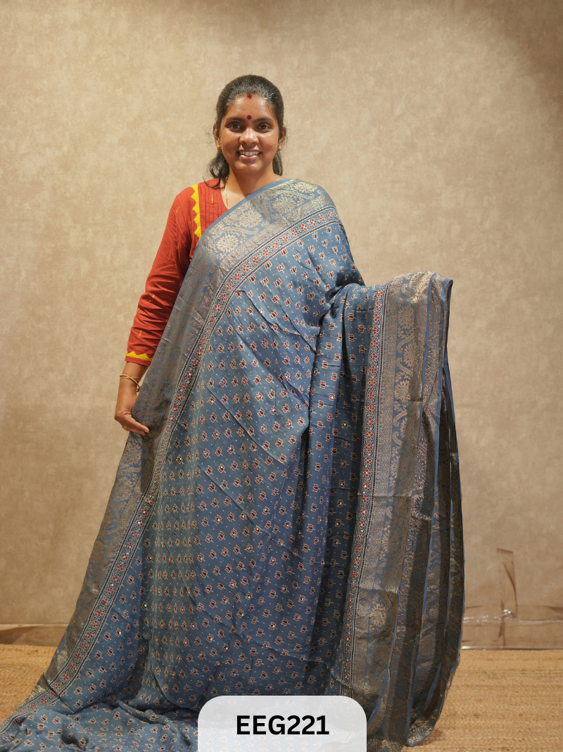 AJRAKH DOLA SILK SAREE WITH MIRROR WORK - IMMEDIATE DISPATCH