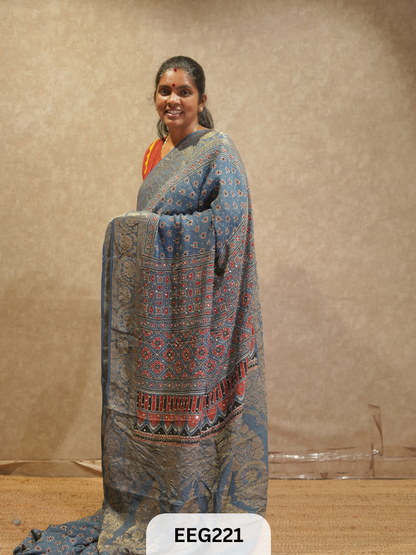 AJRAKH DOLA SILK SAREE WITH MIRROR WORK - IMMEDIATE DISPATCH