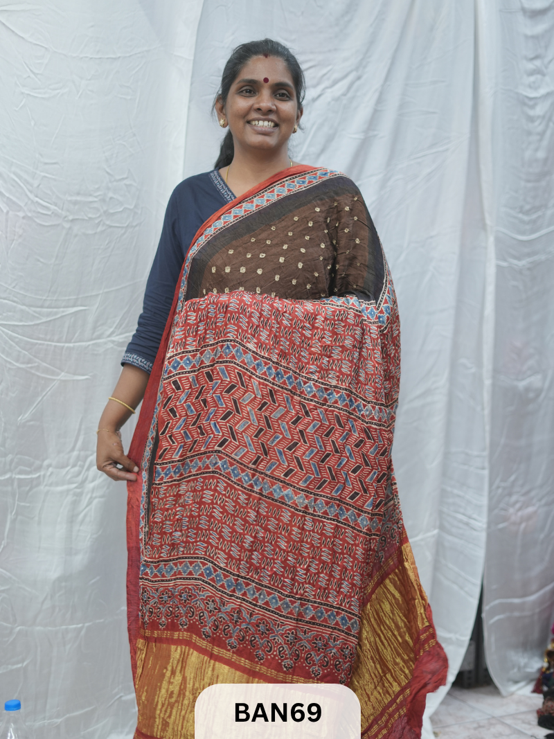 BANDHANI WITH AJRAKH SEMI GAJI SAREE