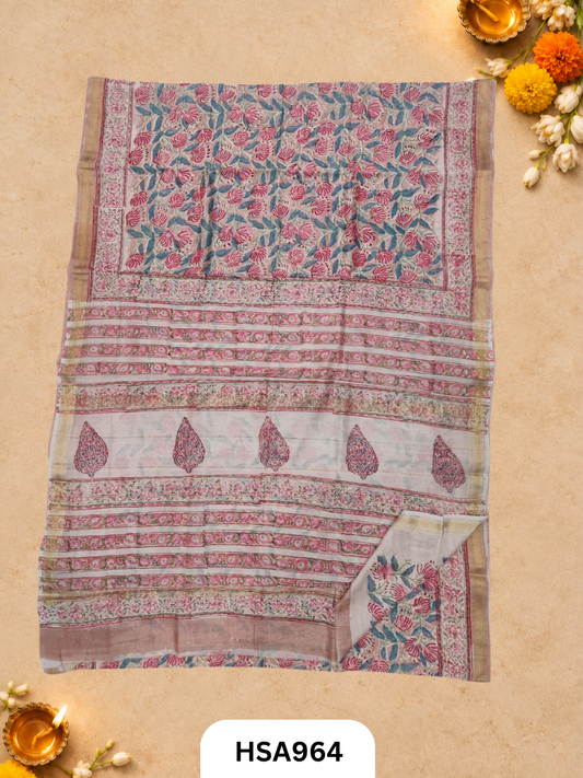 Pure Maheswari Silk Cotton - Handblock Print Saree With Blouse