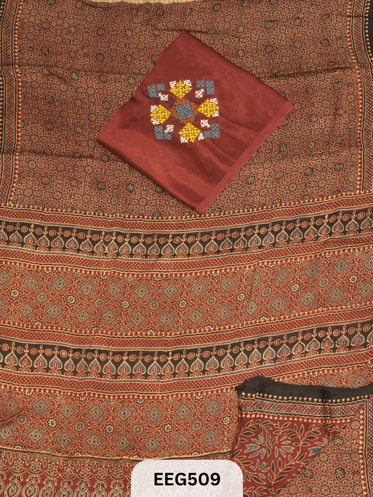 AJRAKH MODAL SAREE WITH KUTCHI HANDWORK BLOUSE PIECE EXTRA
