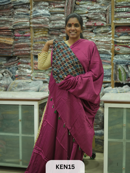 PLAIN MODAL SAREE WITH AJRAKH PRINT BLOUSE