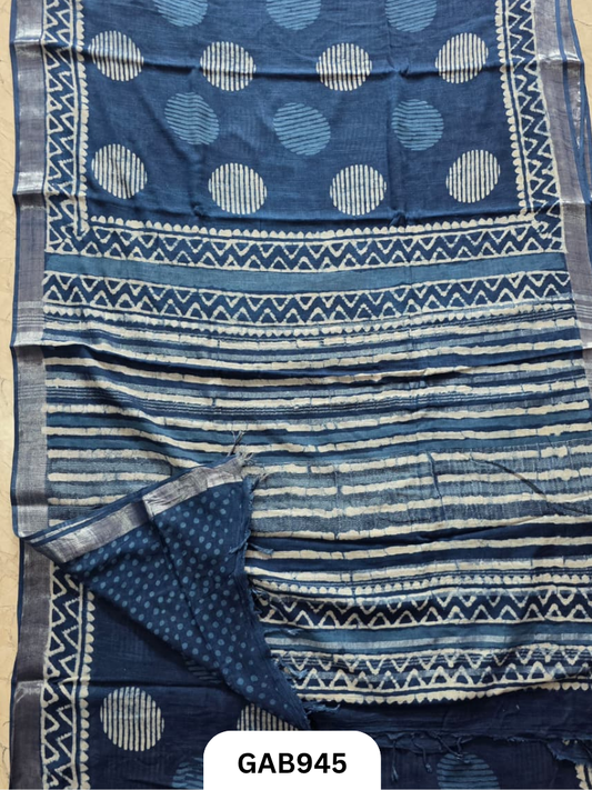 Bagru Handblock Print Linen Saree With Attached Blouse