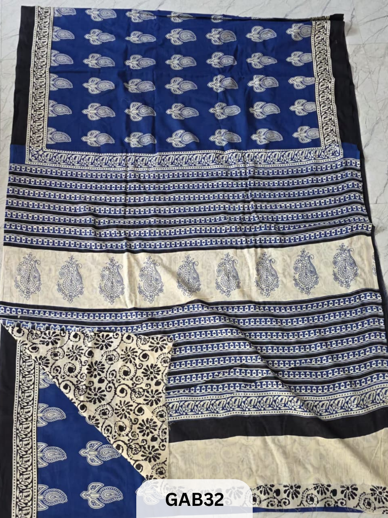BAGRU PRINT COTTON MULMUL SAREES WITH BLOUSE-SAREE 5.5M +BLOUSE 1M