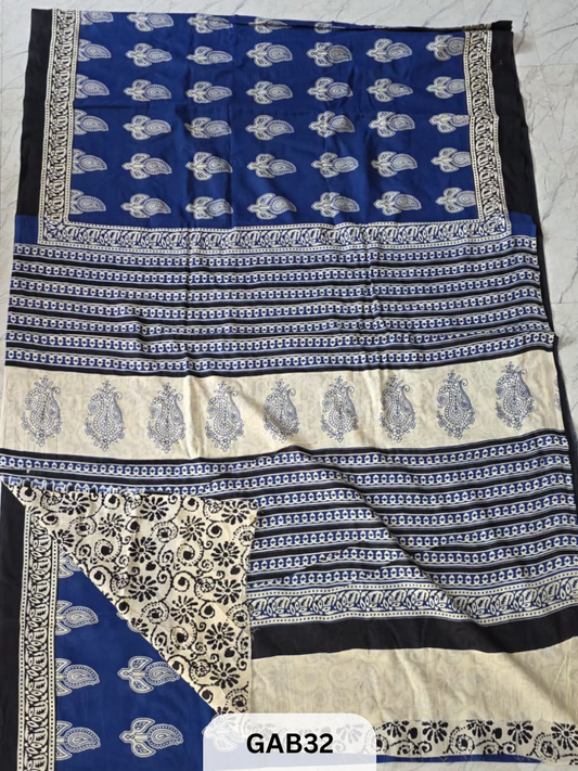 BAGRU PRINT COTTON MULMUL SAREES WITH BLOUSE-SAREE 5.5M +BLOUSE 1M
