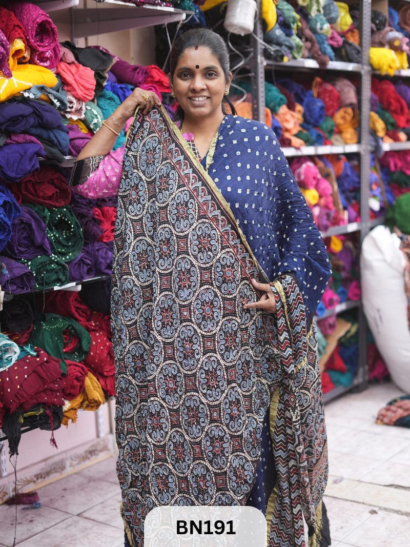 AJRAKH BANDHEJ WITH SKIRT BORDER SAREES | MODAL GAJI FABRIC
