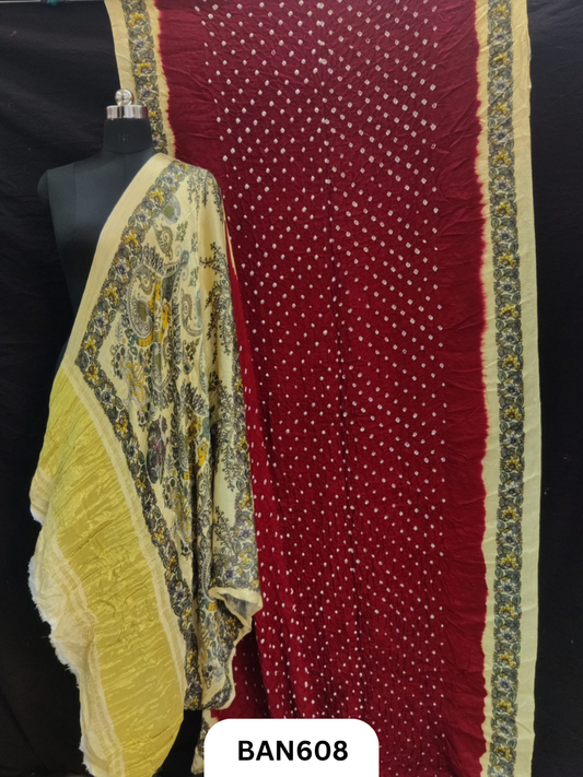 Semi Gaji ts kalamkari digital print pallu, blouse and border with bandhej saree