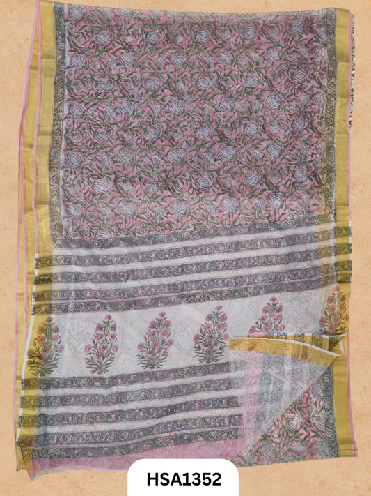 Chiffon Zari Border Saree - Hand Brush Painted