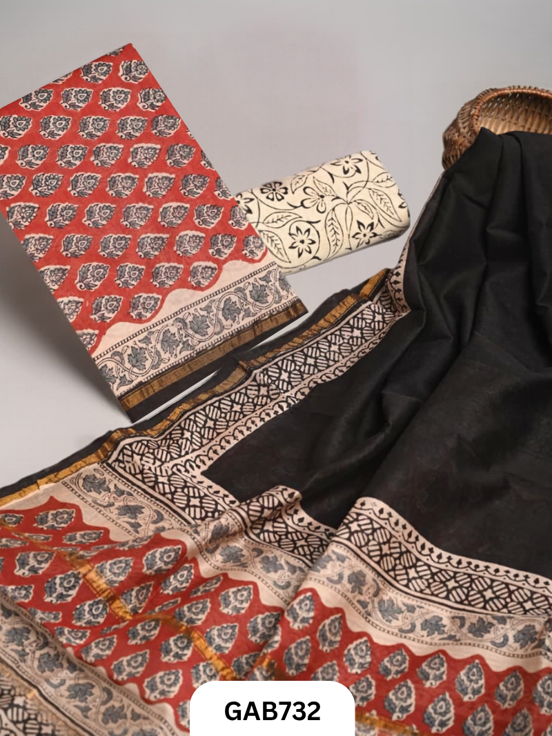 Hand Block Chanderi Silk Dress Materials Top 2.5 Mtrs Duptta 2.5 Mtrs